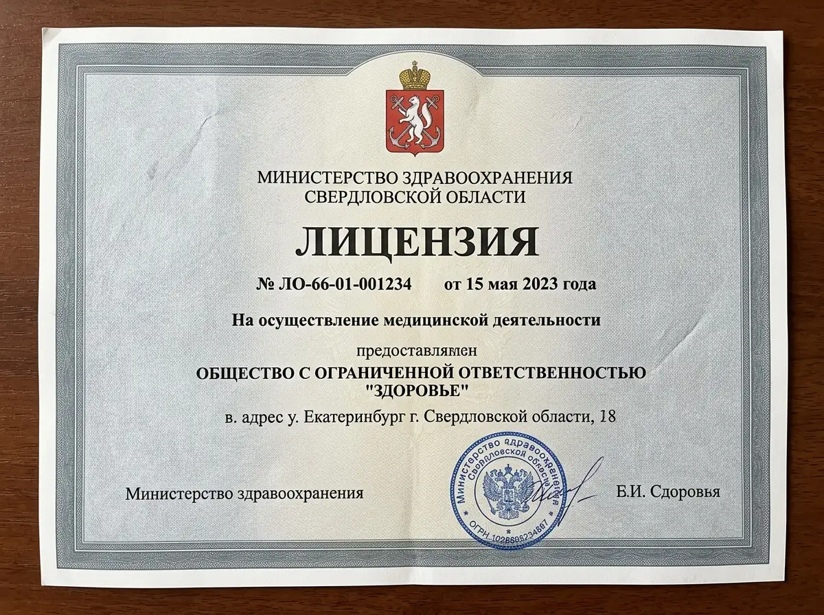 Медицинская лицензия Министерства здравоохранения Свердловской области, документ с гербом и печатью, серо-синяя цветовая схема